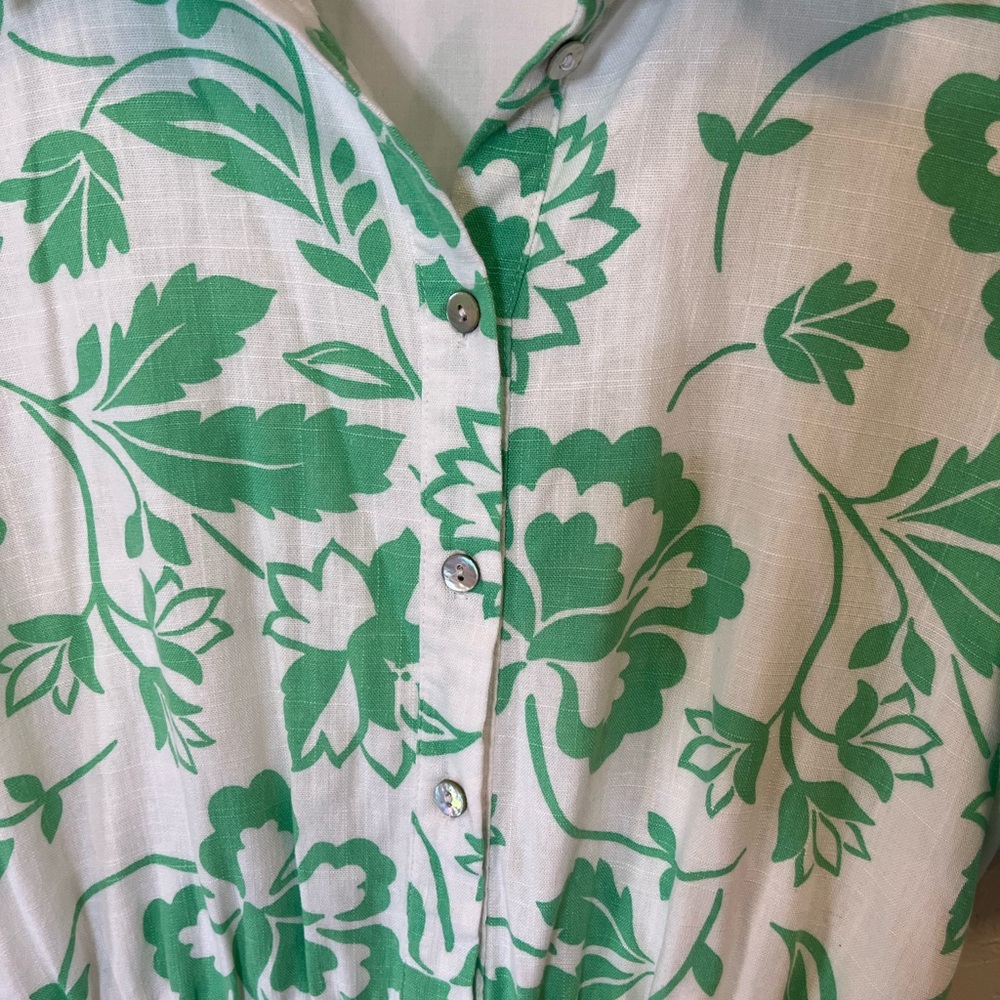Draper James Green Floral Puff Sleeve Dress‎ Women’s Large Rayon Linen Blend - Picture 6 of 12